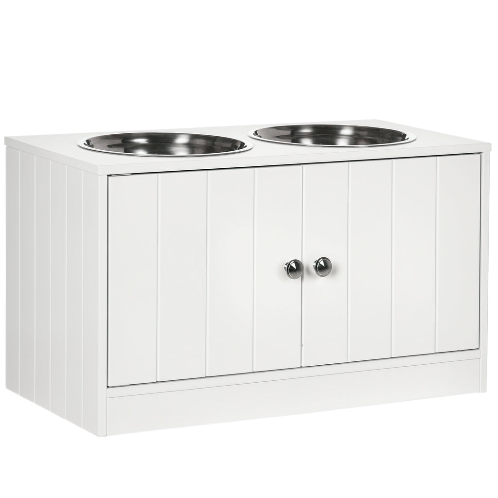 Large Elevated Dog Bowl Stand with 44L Storage Cabinet – White Pet Feeding Station
