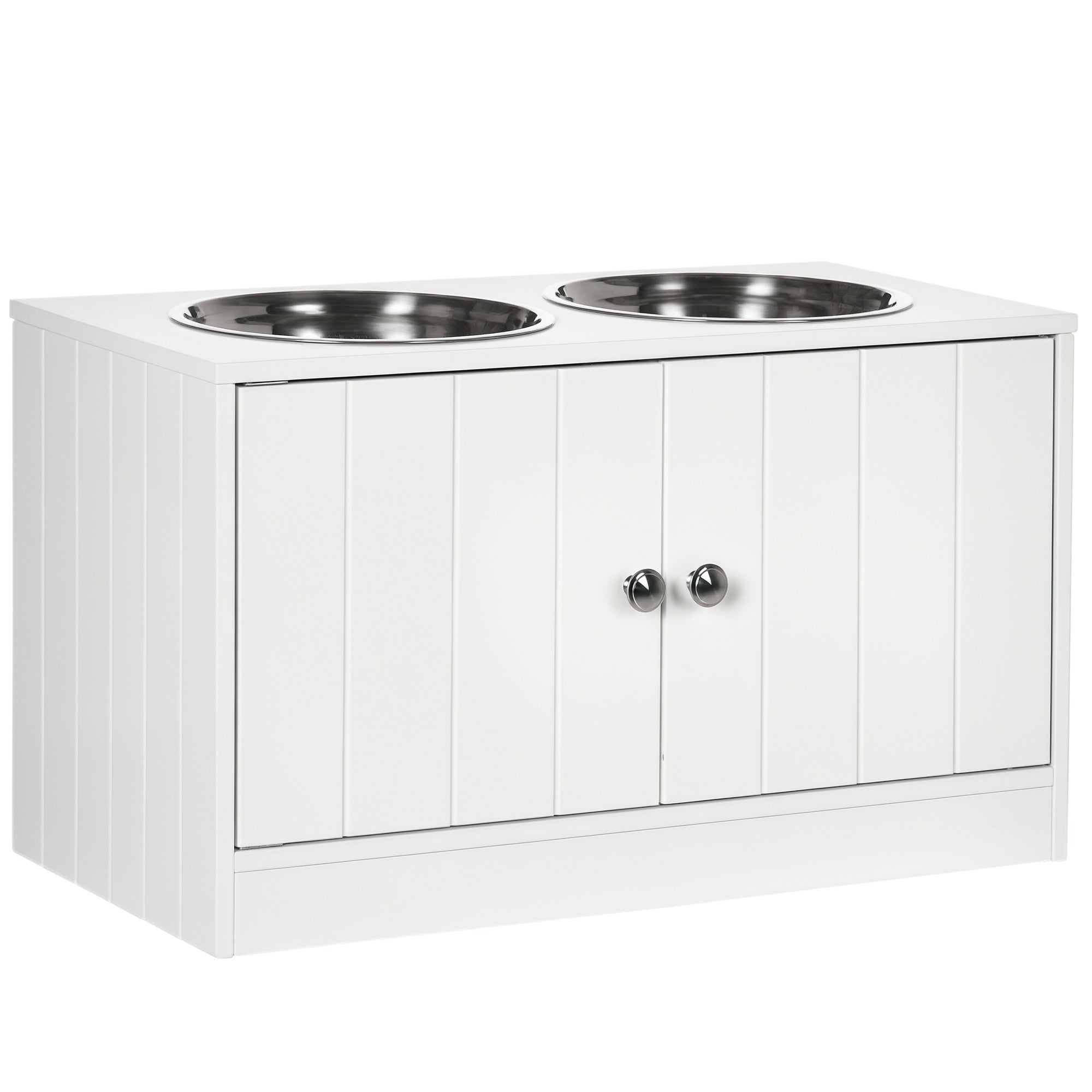 Large Elevated Dog Bowl Stand with 44L Storage Cabinet – White Pet Feeding Station