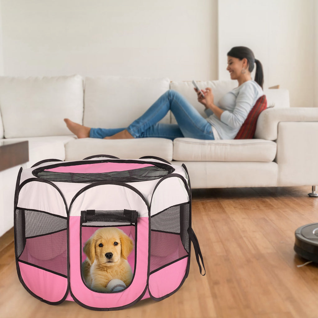 Portable Foldable Pet Playpen Tent with Removable Zipper Top – Pink or Blue