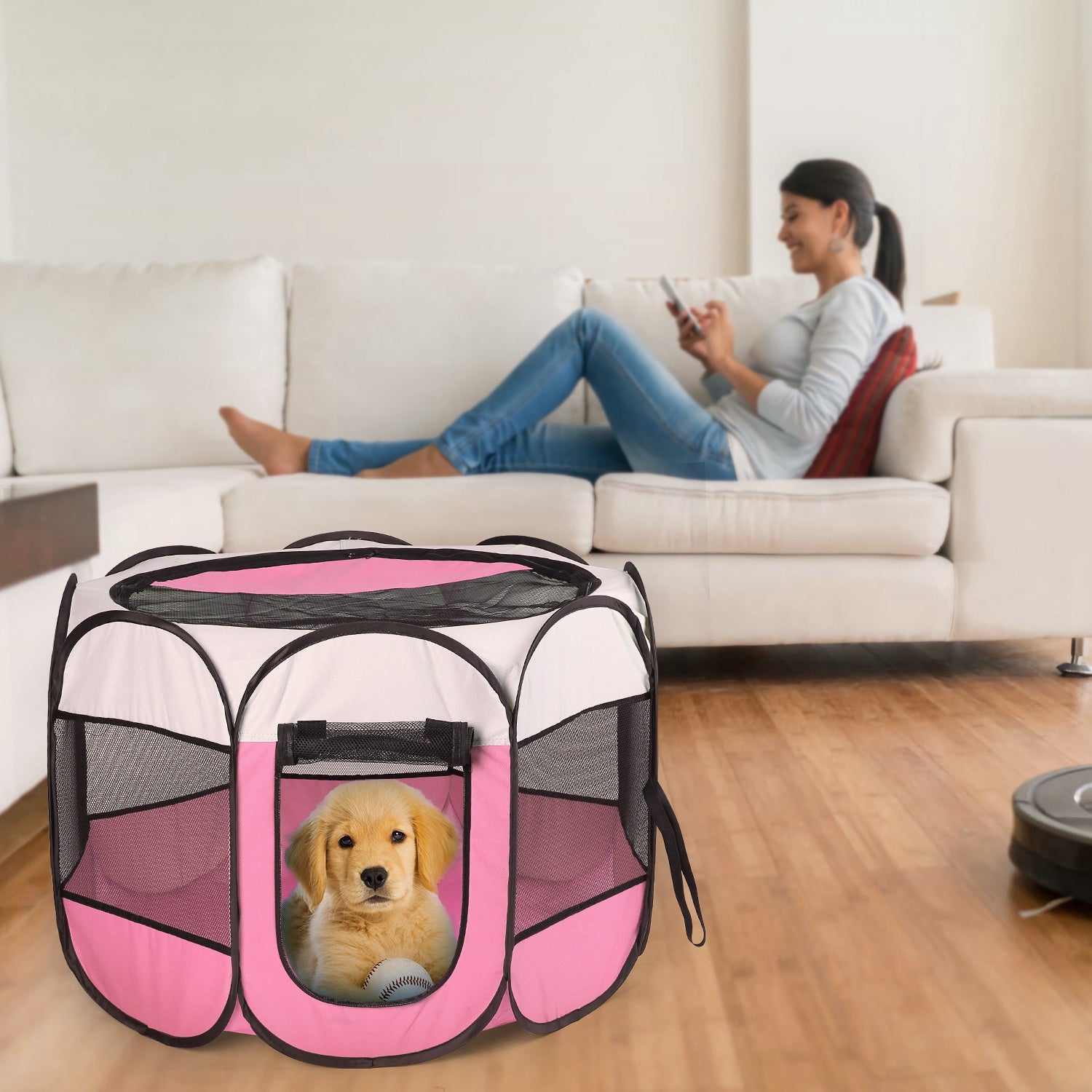 Portable Foldable Pet Playpen Tent with Removable Zipper Top – Pink or Blue