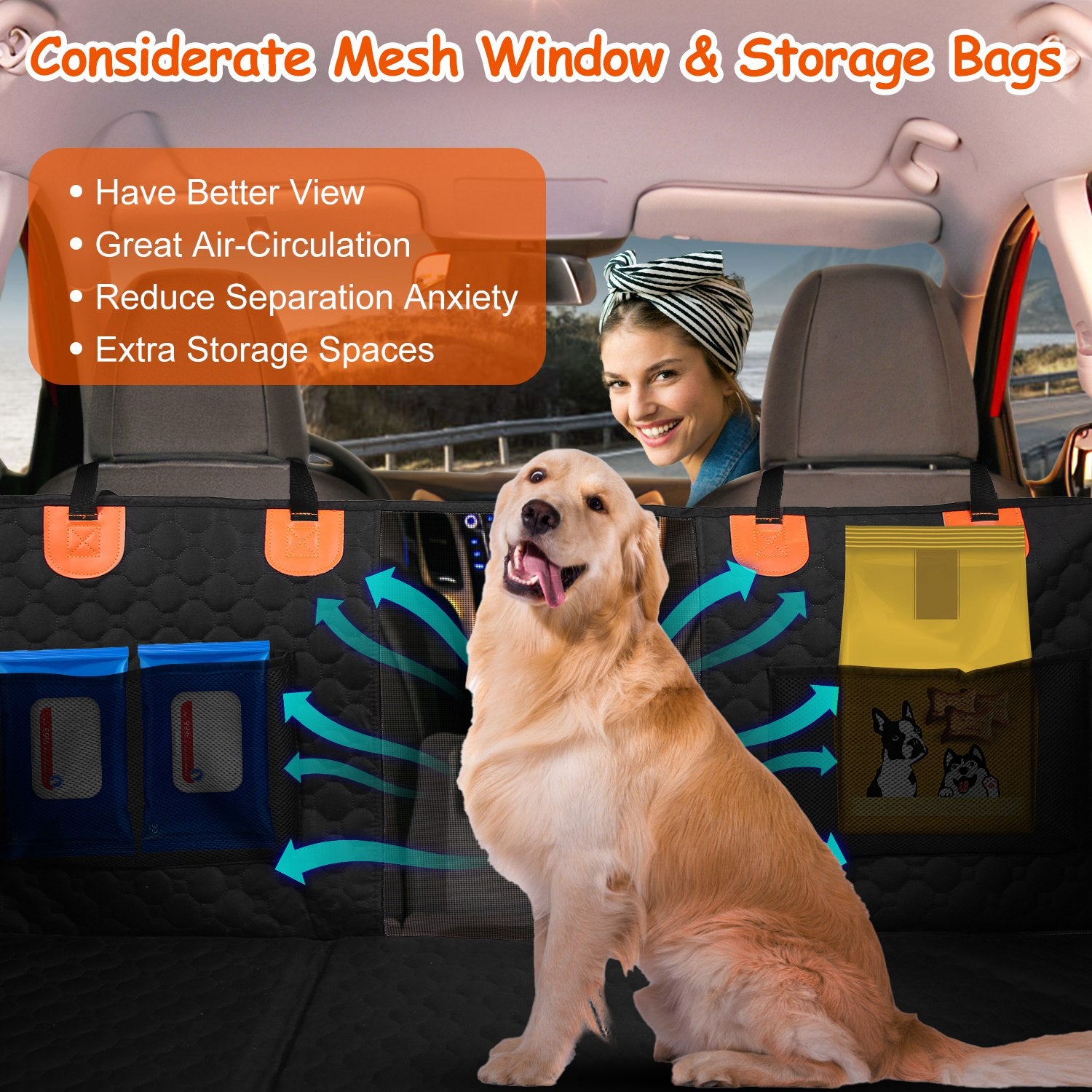 Waterproof Dog Car Seat Cover with Mesh Window & Storage Bags – 600D Oxford Protector