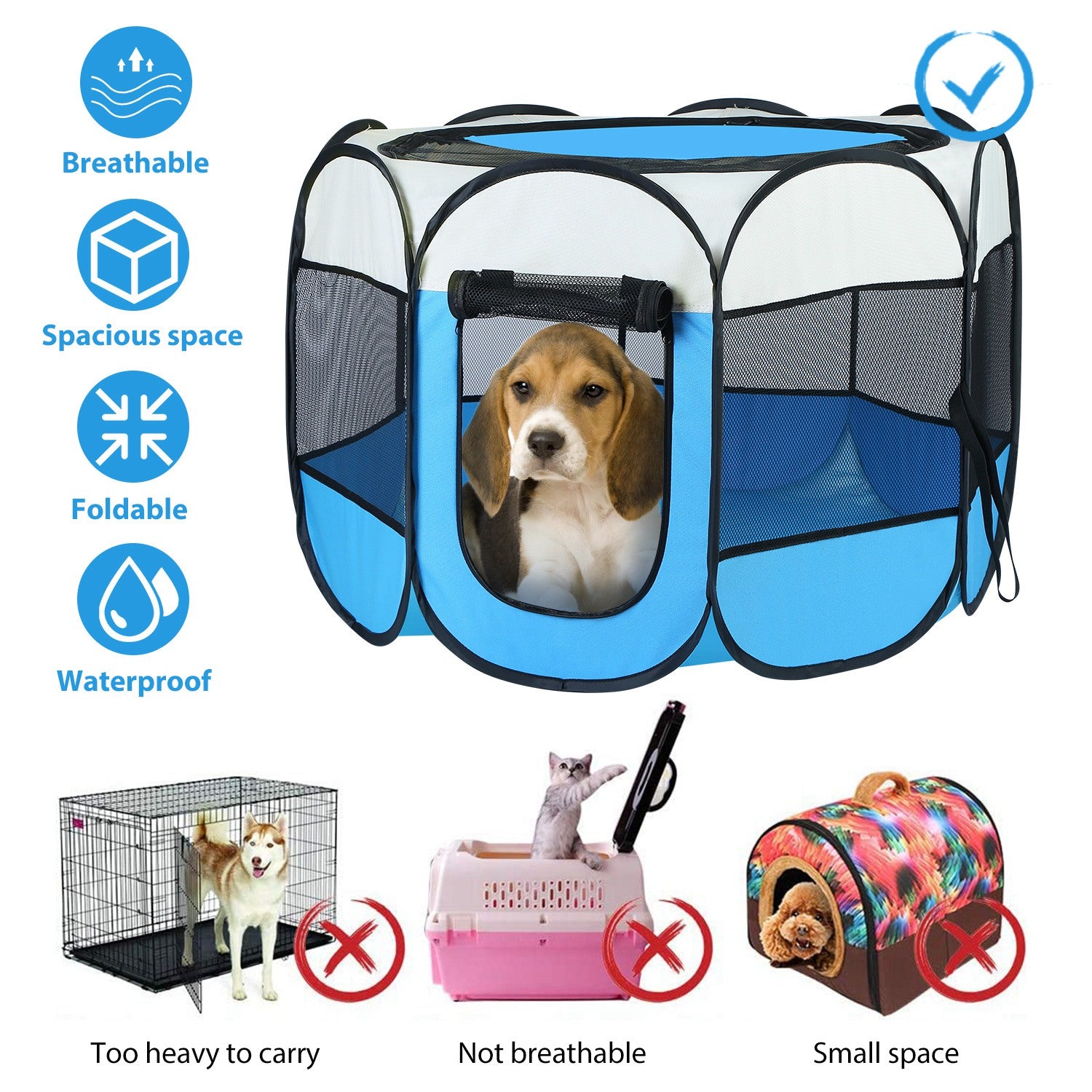 Portable Foldable Pet Playpen Tent with Removable Zipper Top – Pink or Blue