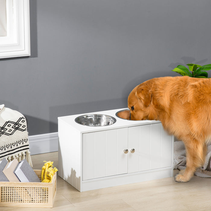 Large Elevated Dog Bowl Stand with 44L Storage Cabinet – White Pet Feeding Station