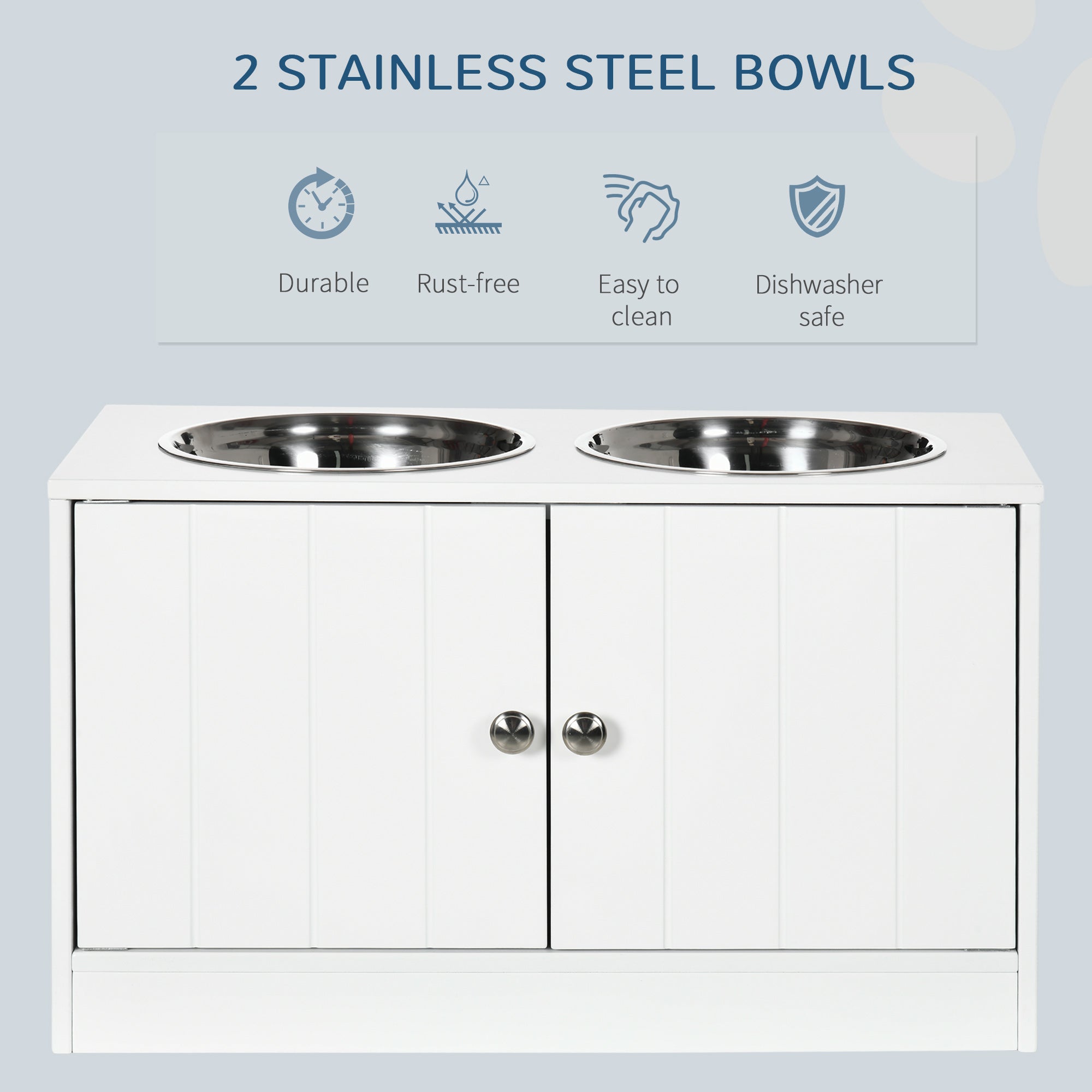 Large Elevated Dog Bowl Stand with 44L Storage Cabinet – White Pet Feeding Station