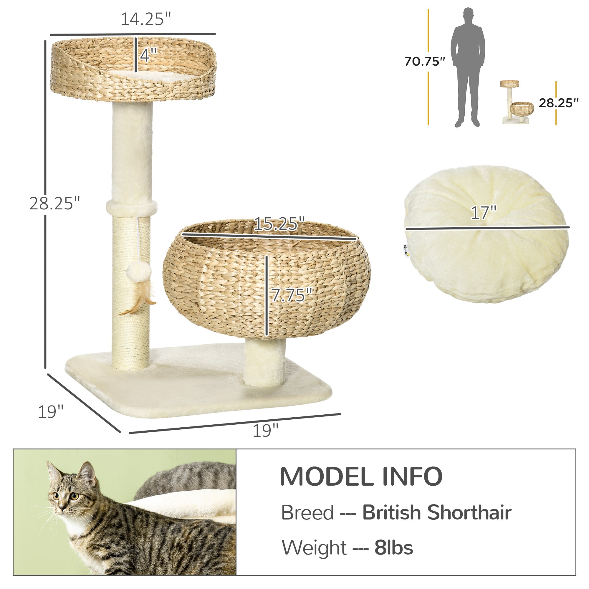 28-Inch Elevated Cat Bed with Sisal Scratching Post & Basket Tree