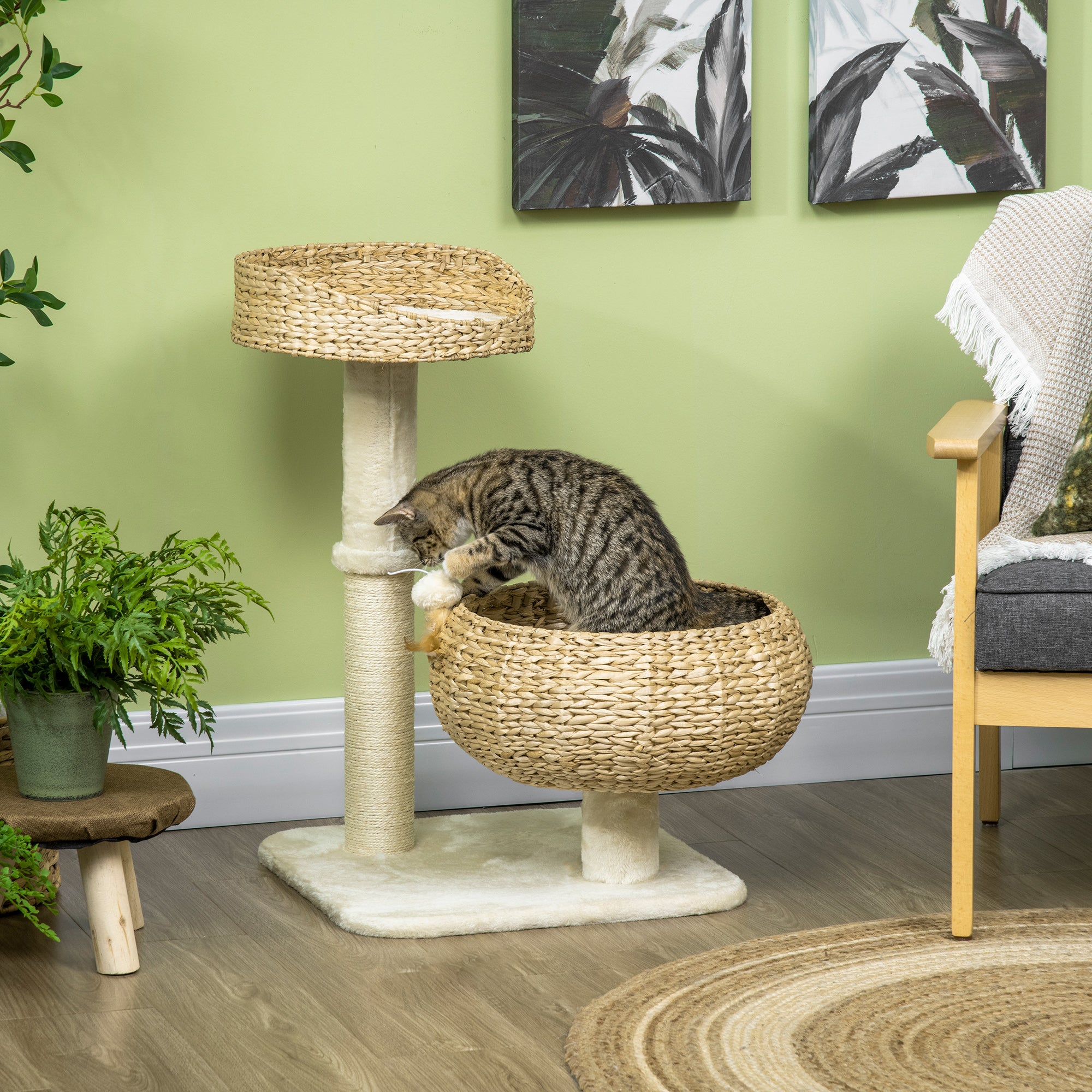 28-Inch Elevated Cat Bed with Sisal Scratching Post & Basket Tree