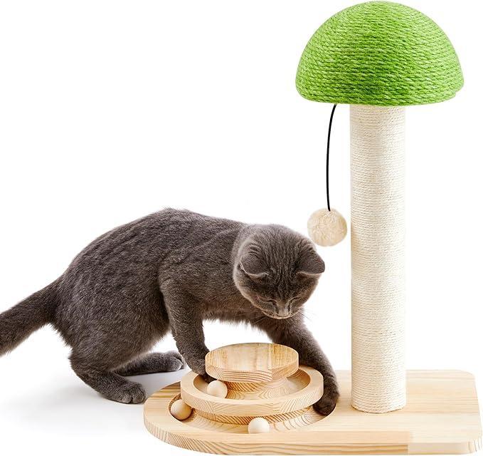 Mushroom Cat Scratching Post with Sisal Rope & Interactive Ball Track