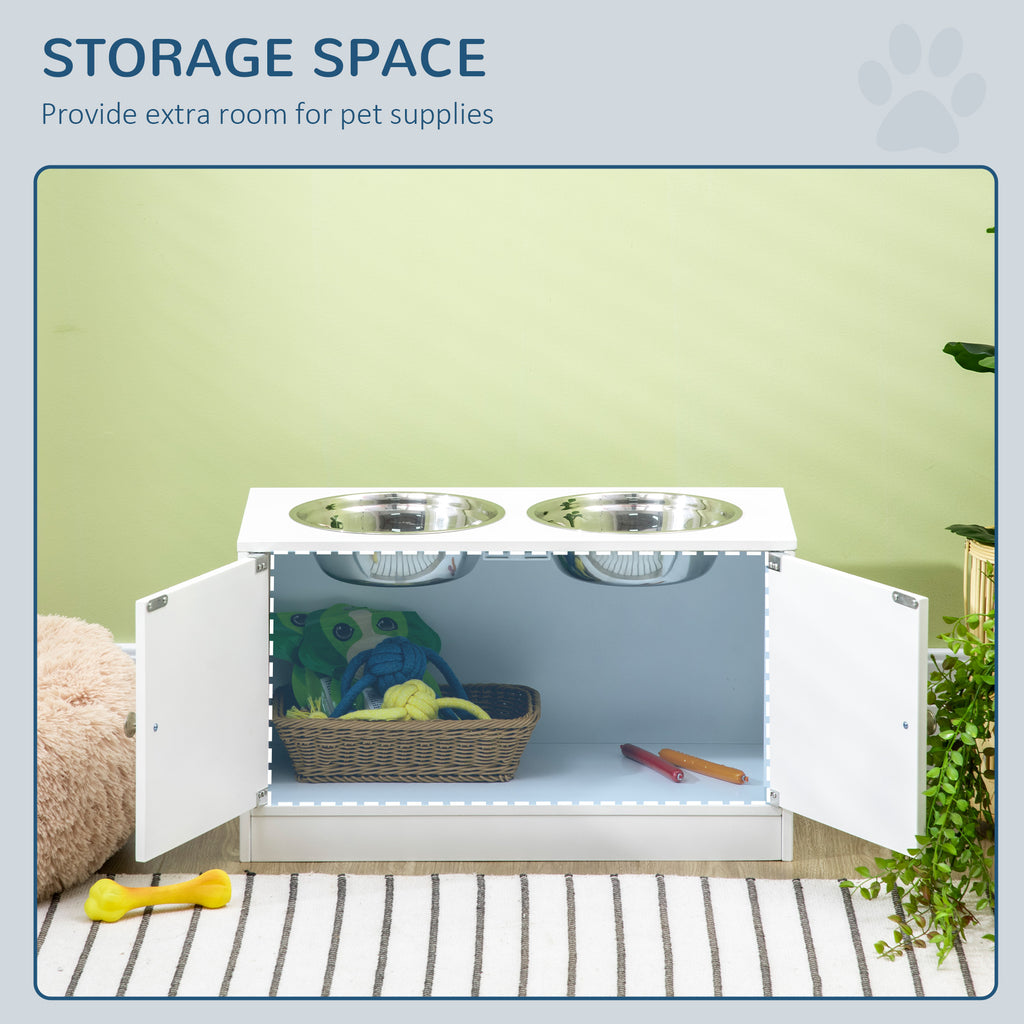 Large Elevated Dog Bowl Stand with 44L Storage Cabinet – White Pet Feeding Station