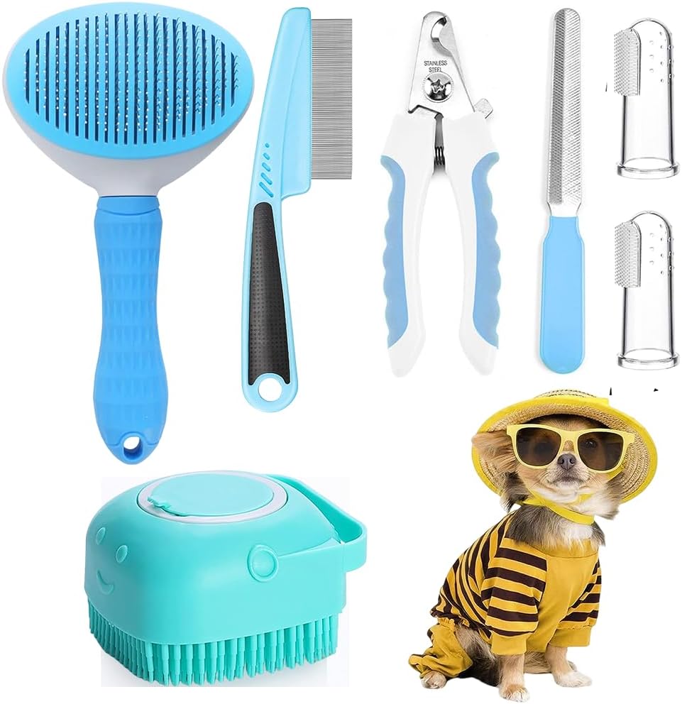 7-Piece Pet Grooming Kit with Brush, Nail Clipper, Flea Comb & Bath Brush